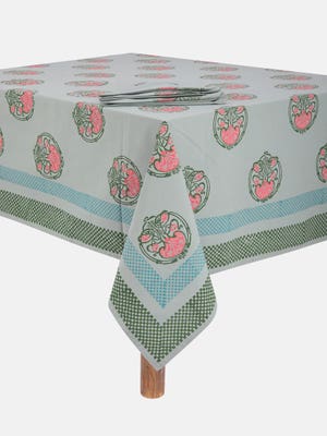 Grey Printed Cotton Tablecloth with Napkin
