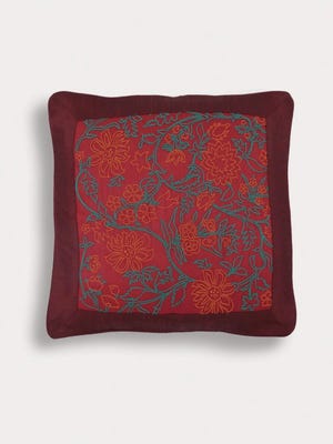 Red Embroidered Mixed Silk Chosha Cushion Cover
