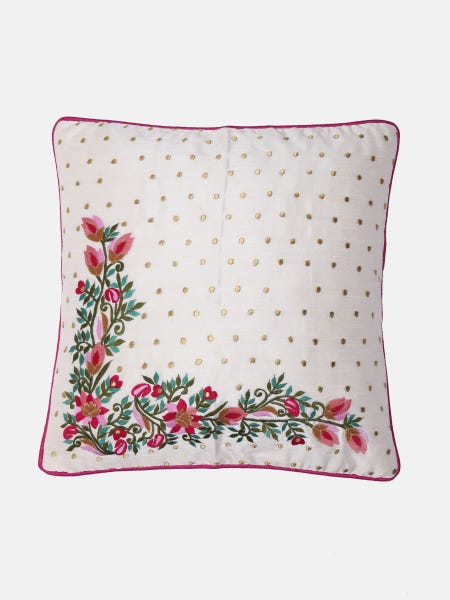 Off White Embroidered Dupioni Silk Cushion Cover