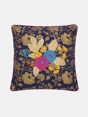 Deep Blue Printed and Embroidered Cotton Cushion Cover 