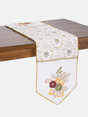 White Printed and Embroidered Cotton Runner