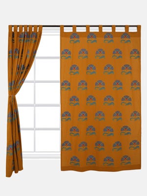 Mustard Printed and Embroidered Cotton Tab Top Curtain