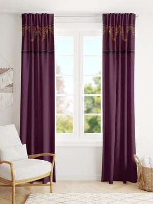 Purple Printed and Embroidered Cotton Eyelet Curtain