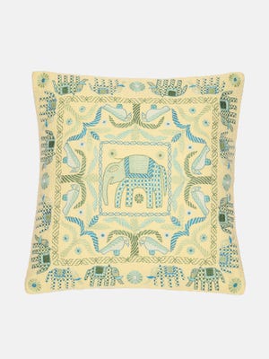 Pastel Yellow Nakshi Kantha Embroidered Cotton Cushion Cover