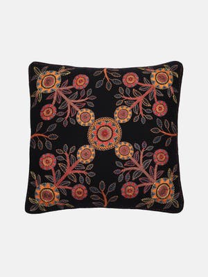 Black Nakshi Kantha Embroidered and Printed Cotton Cushion Cover