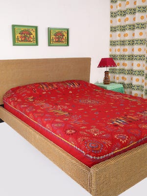 Red Nakshi Kantha Embroidered Cotton Bed Cover