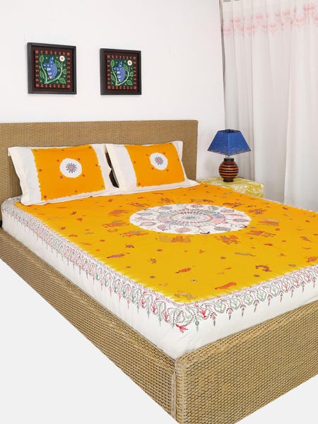 Ivory Tie-Dyed and Nakshi Kantha Embroidered Cotton Bed Cover Set