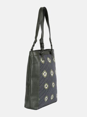 Black Nakshi Kantha Embroidered Cotton- Genuine Leather Bag