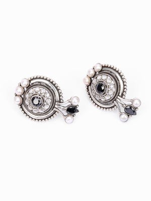 Pearl and Simulated Stone Studded Oxidized Silver Earrings