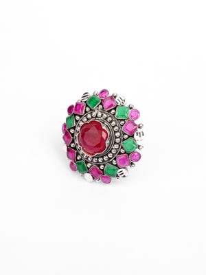 Simulated Ruby Oxidized Silver Ring