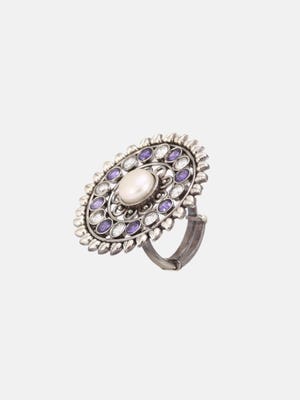Pearl and Simulated Stone Studded Oxidized Silver Ring
