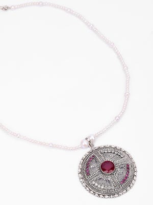 Pearl and Simulated Ruby Oxidized Silver Necklace