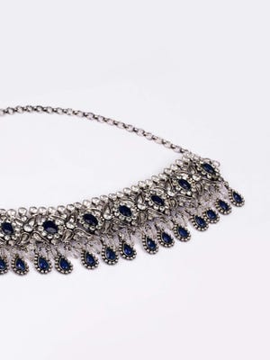 Simulated Stone Studded Oxidized Silver Necklace