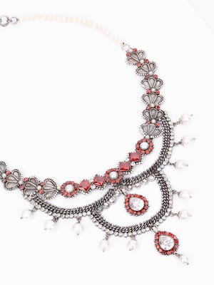 Pearl and Simulated Garnet Oxidized Silver Necklace