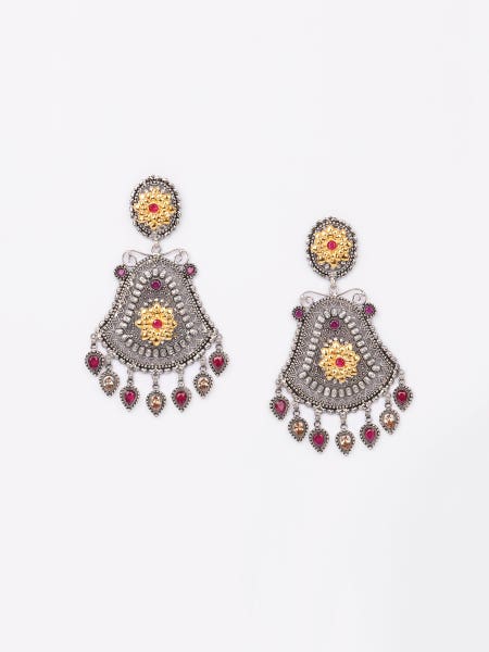 Simulated Ruby Oxidized Silver Gold Plated Earrings