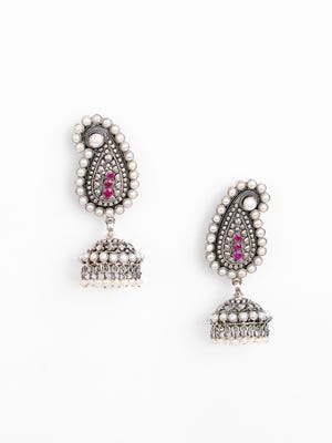 Pearl and Simulated Ruby Oxidized Silver Chandelier Earrings