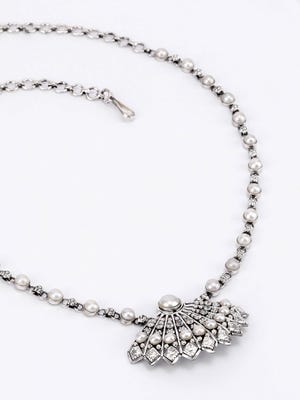 Simulated Stone and Pearl Studded Oxidized Silver Necklace