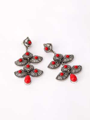 Simulated Stone Studded Oxidized Silver Earrings