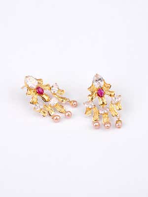 Simulated Stone and Pearl Studded Gold Earrings