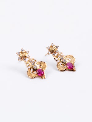 Simulated Ruby and Zircon Frosting Gold Earrings