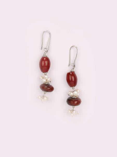 Simulated Stone and Pearl Studded Silver Earrings