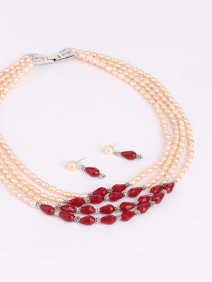 Simulated Stone Studded Pearl Necklace Set