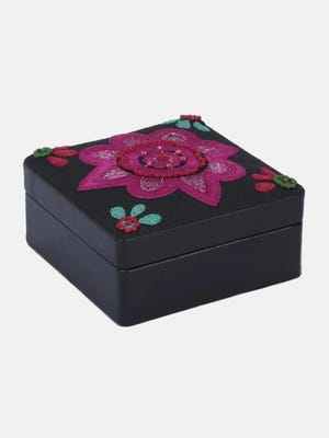Black Embroidered Leather Jewellery Box