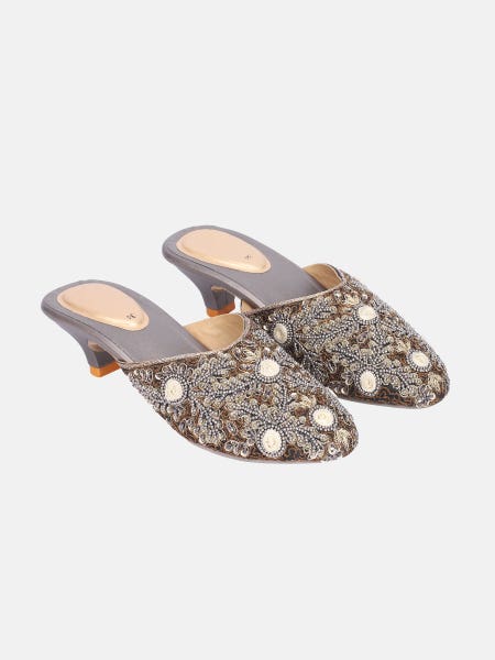 Silver/Golden Embroidered Faux Leather Sandals