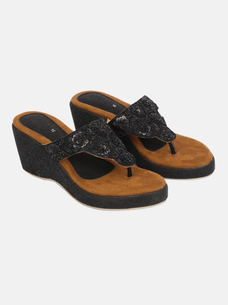 Black Embroidered Velvet Heel Sandals