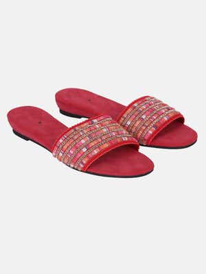 Deep Pink Embroidered Faux Leather Sandals