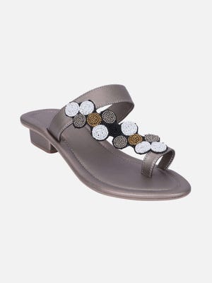 Metallic Grey Beads Detailed Faux Leather Sandals