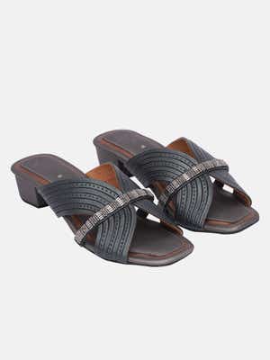 Grey Wave Cut Strap Genuine Leather Heel Sandals