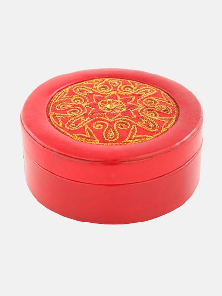 Red Erri Embroidered Leather Box- Round