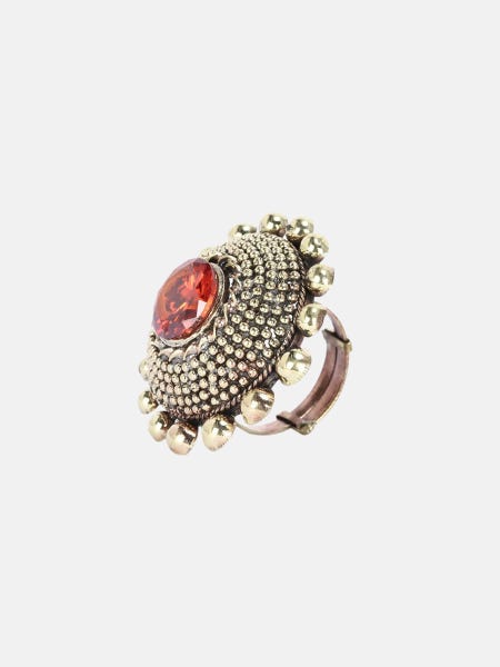 Simulated Stone Studded Brass Oxidized Finger Ring