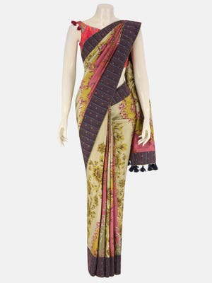 Beige Printed and Nakshi Kantha Embroidered Silk HERSTORY Saree with Mask