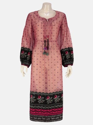 Baby Pink Dyed Printed and Embroidered Half Silk HERSTORY Tunic with Mask