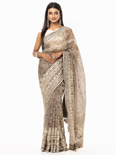 Sage Green Sand Splash Dyed and Embroidered Muslin HERSTORY Saree