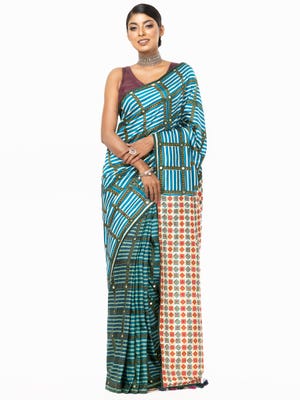 Blue Striped Printed and Embroidered Silk HERSTORY Saree