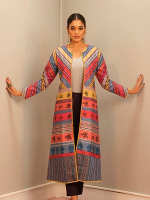 Multicolour Printed and Embroidered Silk Jacket