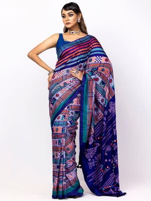 Lavender/Blue Printed and Embroidered Silk HERSTORY Saree