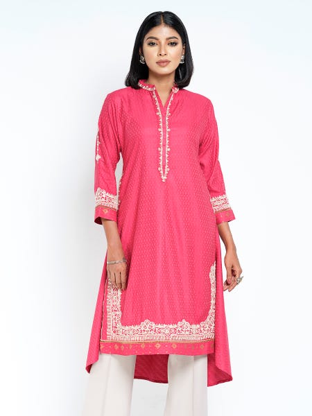 Beetroot Red Embroidered and Printed Viscose-Cotton Kurta