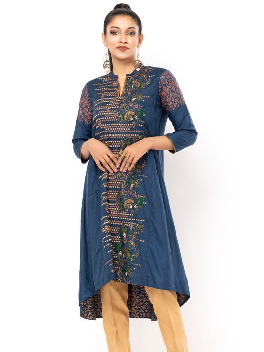 Teal Printed and Embroidered Viscose-Cotton Kurta