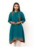 Teal Printed and Embroidered  Mixed Cotton Kurta