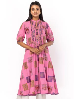 Onion Pink Printed And Embroidered Linen Kurta