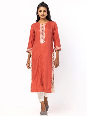 Desert Coral Printed and Embroidered Viscose-Cotton Kurta