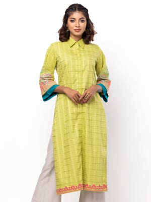Lime Green Printed and Embroidered Viscose Cotton Kurta