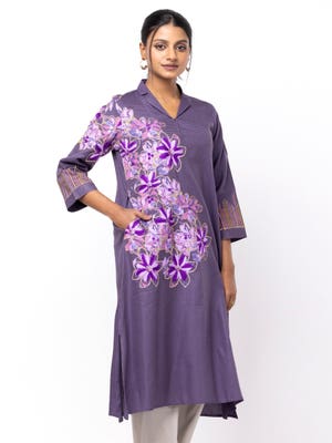 Purple Printed and Embroidered Viscose-Cotton Kurta
