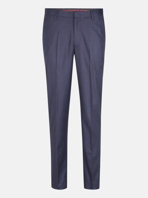 Navy Blue Check Polyester-Viscose Slim Fit Formal Trousers
