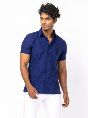 Navy Blue Textured Casual Modern Cotton Shirt