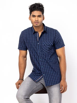 Blue Check Cotton Taaga Man Casual Modern Shirt